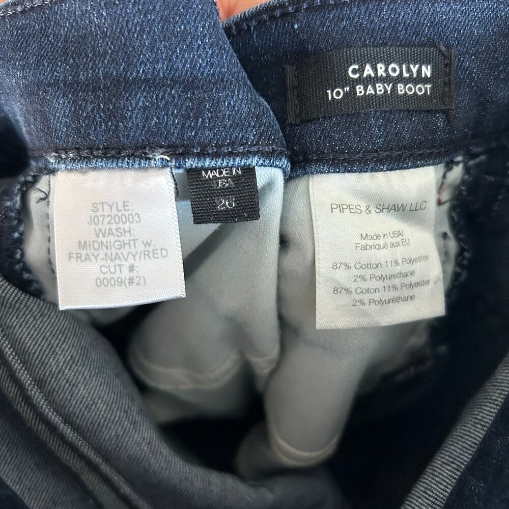 Veronica Beard Carolyn 10” Baby Boot Jeans Midinight w/ Fray Navy Red Sz 26 - Picture 7 of 10